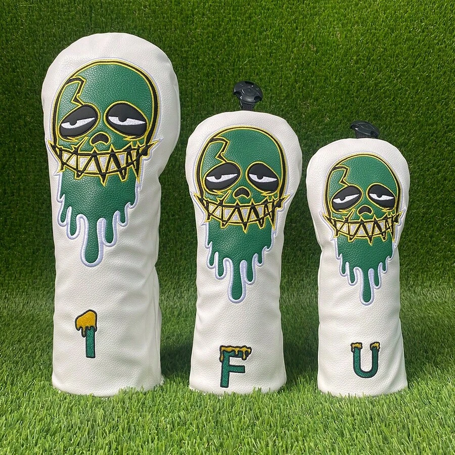 熔岩绿骷髅高尔夫球杆套，涂鸦艺术高尔夫球杆套，街头风高尔夫球杆套，高尔夫配件 - 白色 - 查看 1