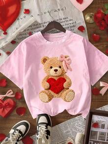 Damen Lässig Rundhals Kurzarm T-Shirt mit niedlichem Bären Muster, Geschenk für Frauen, Frühling und Sommer - Babypink - Übersicht 1