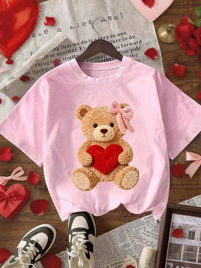 Camiseta casual de mujer con cuello redondo y manga corta con lindo estampado de oso, regalo para mujeres, primavera y verano