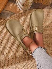 复古圆头全包覆薄绒面女士平底鞋，搭扣设计，百搭易穿春季鞋履 - 卡其色 - 查看 4