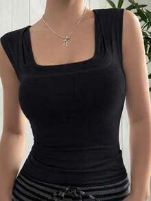 Áo hai dây 2 trong 1 kiểu Y2K dành cho nữ, màu đen trơn, thích hợp cho mùa tựu trường, thể thao ngoài trời và mặc nhà thoải mái vào mùa hè. - màu đen - Xem 6