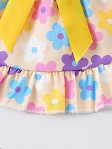 Summer Cute Pet Cat & Dog Print Dress With Flutter Sleeves, Bow Decor And Ruffle Hem - Yellow - View 6