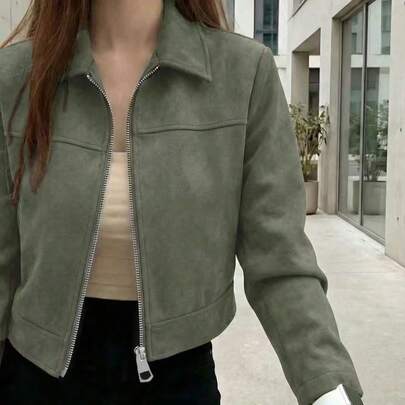 女士休闲纯色仿麂皮绒领拉链短外套，春秋季