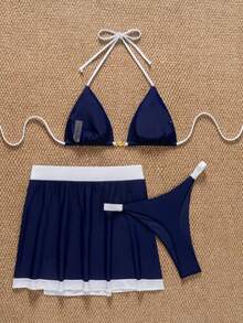 Bộ đồ bơi SunTide màu xanh hải quân, gồm áo bikini tam giác và váy viền trắng tương phản, set 2 món, thời trang và thanh lịch cho kỳ nghỉ hè ở bãi biển. - Xanh đậm - Xem 3