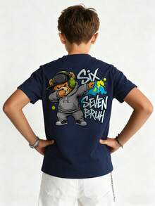 Tween Boys Casual Printed Crew Neck Short Sleeve T-Shirt, Summer Top - Navy Blue - View 7