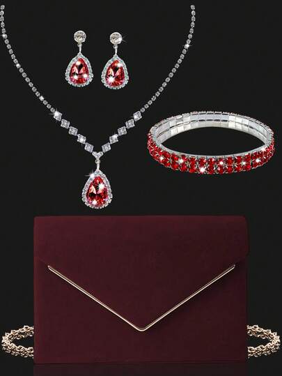 Elegant Velvet Metallic Evening Clutch, Luxurious Corduroy Party Bag With Chain, Paired With A Sparkling Rhinestone Jewelry Set Including Necklace, Earrings, And Bracelet, Perfect For Parties, Dances, Gatherings, And Dinners.