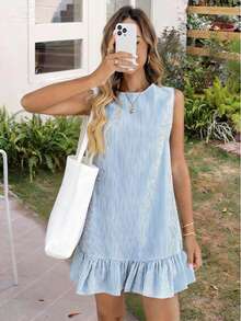 Váy mini nữ phong cách Bohemian, sọc xanh trắng, gấu bèo nhún, không tay, cổ tròn thanh lịch - Nhiều màu - Xem 1