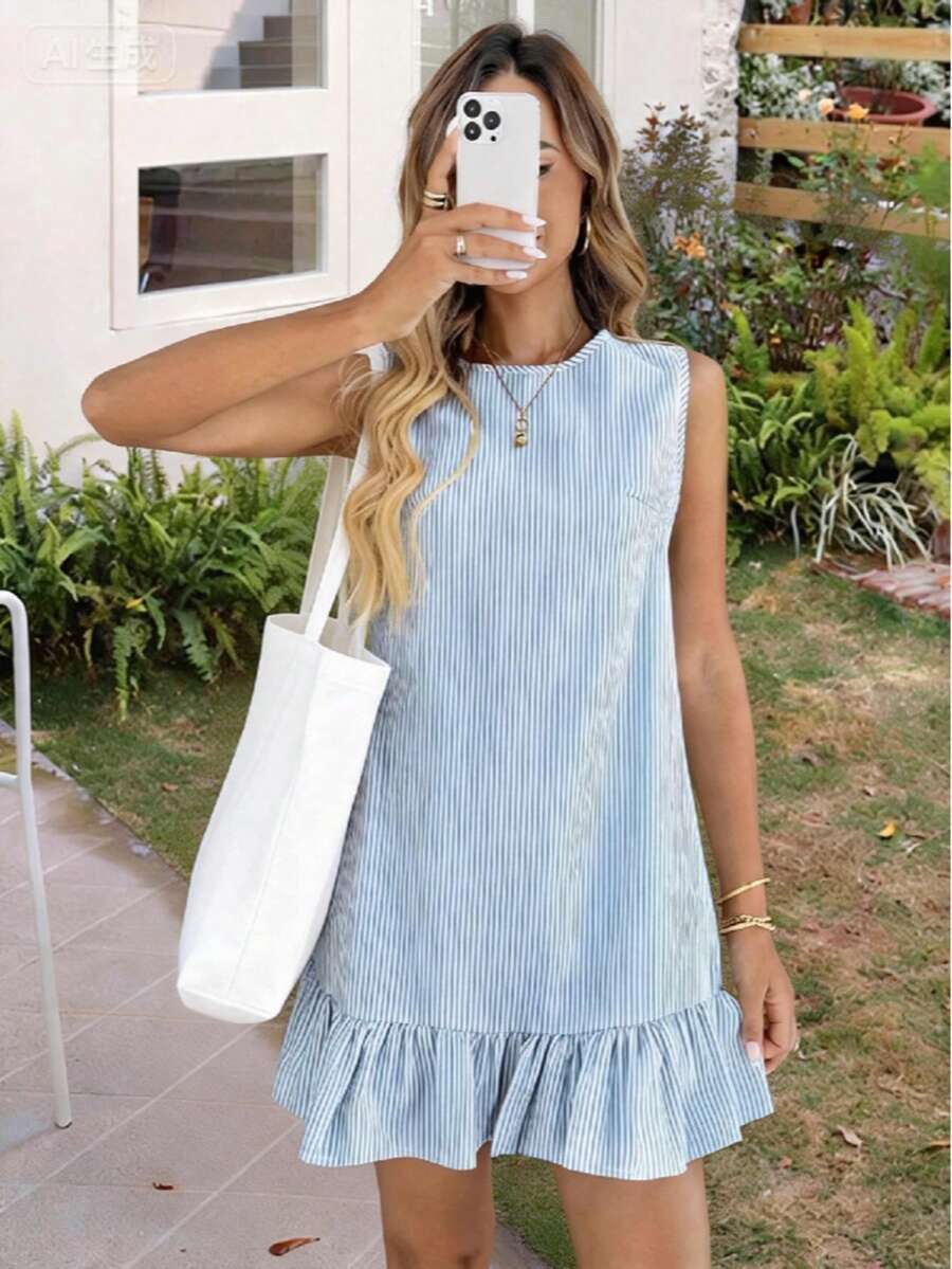 Váy mini nữ phong cách Bohemian, sọc xanh trắng, gấu bèo nhún, không tay, cổ tròn thanh lịch - Nhiều màu - Xem 1
