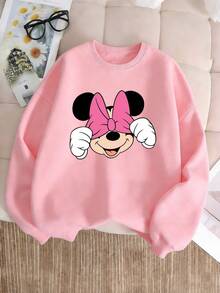 Disney Minnie Mouse Girls' Crew Neck Sweatshirt - Soft & Cozy Long Sleeve Graphic Pullover For Kids Ages 2-14, Great For Fall & Winter Daily Wear, Express Delivery - Hồng - Xem 1