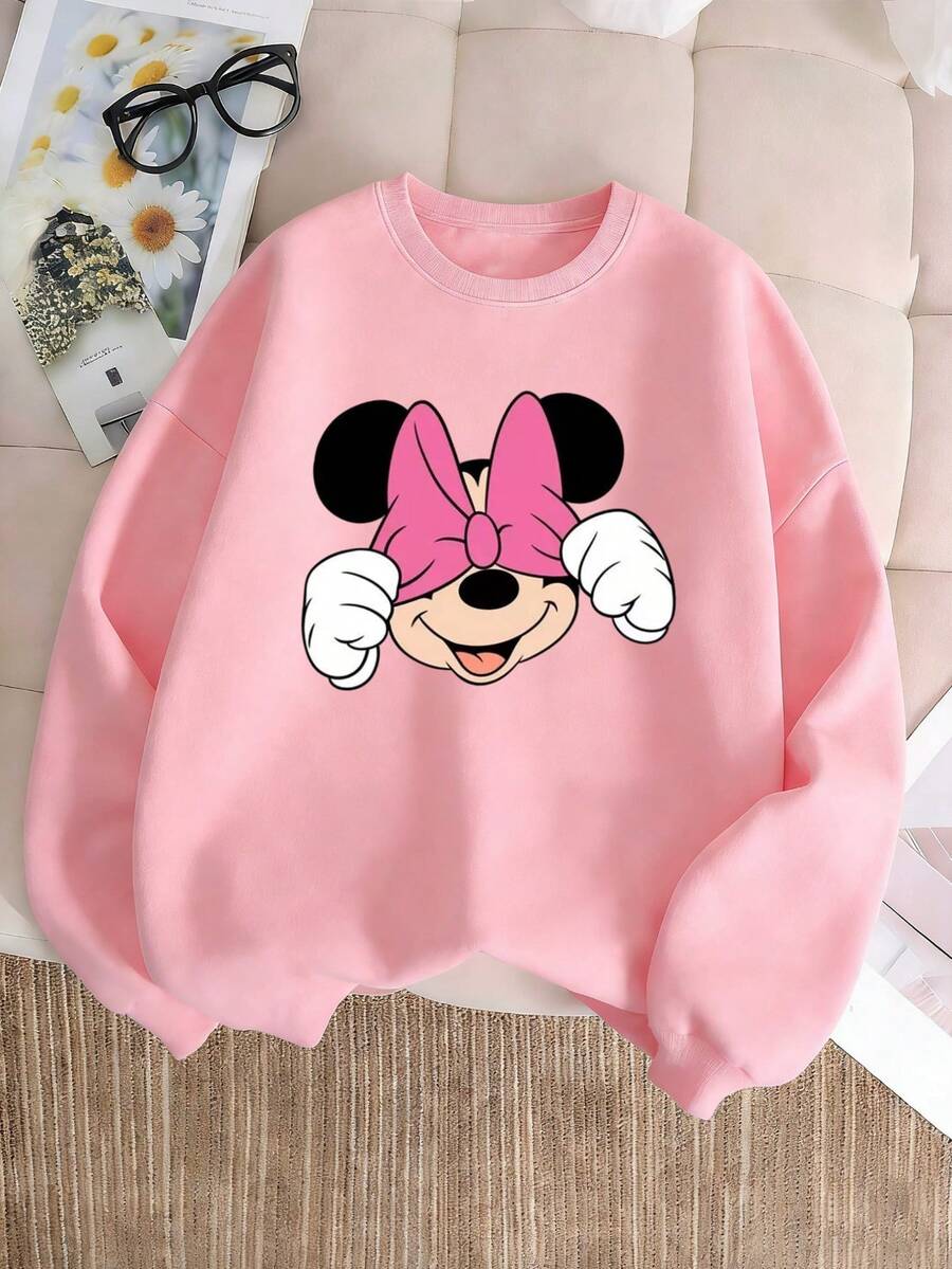 Disney Minnie Mouse Girls' Crew Neck Sweatshirt - Soft & Cozy Long Sleeve Graphic Pullover For Kids Ages 2-14, Great For Fall & Winter Daily Wear, Express Delivery - Hồng - Xem 1