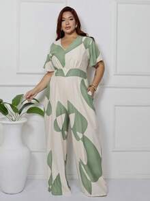 Women's Plus Size Printed Long Jumpsuit, Wide Leg, Short Sleeve, V-Neck, Front Gathering, Comfortable - Olive Green - View 8