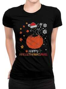Camiseta de Halloween y Navidad con diseño de gato en calabaza estampado Happy HalloThanksMas ideal para celebraciones únicas estilo moderno cómoda para hombres y mujeres perfecta para temporada festiva estilo mexicano atrévete a lucir un look diferente con  actual - Negro - Ver 1
