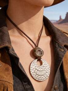 1件时尚百搭银色圆点吊坠项链，男女皆宜的长款项链，配棕色蜡绳和珠子，音乐节礼物，节日配饰 - 棕色臘繩 - 查看 1