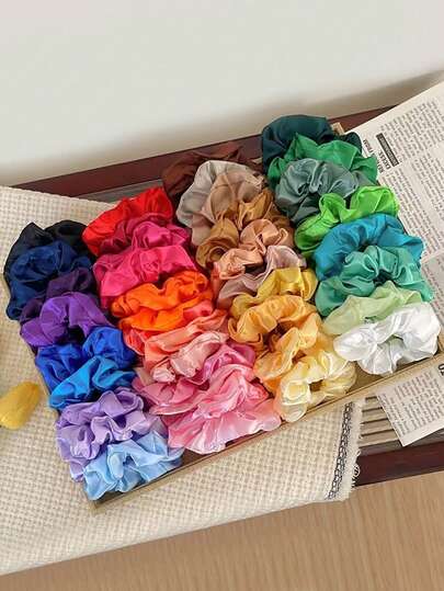 6/12/20/30个装缎面发圈，批发纯色发绳，女士发饰，60色套装发圈马尾辫发圈