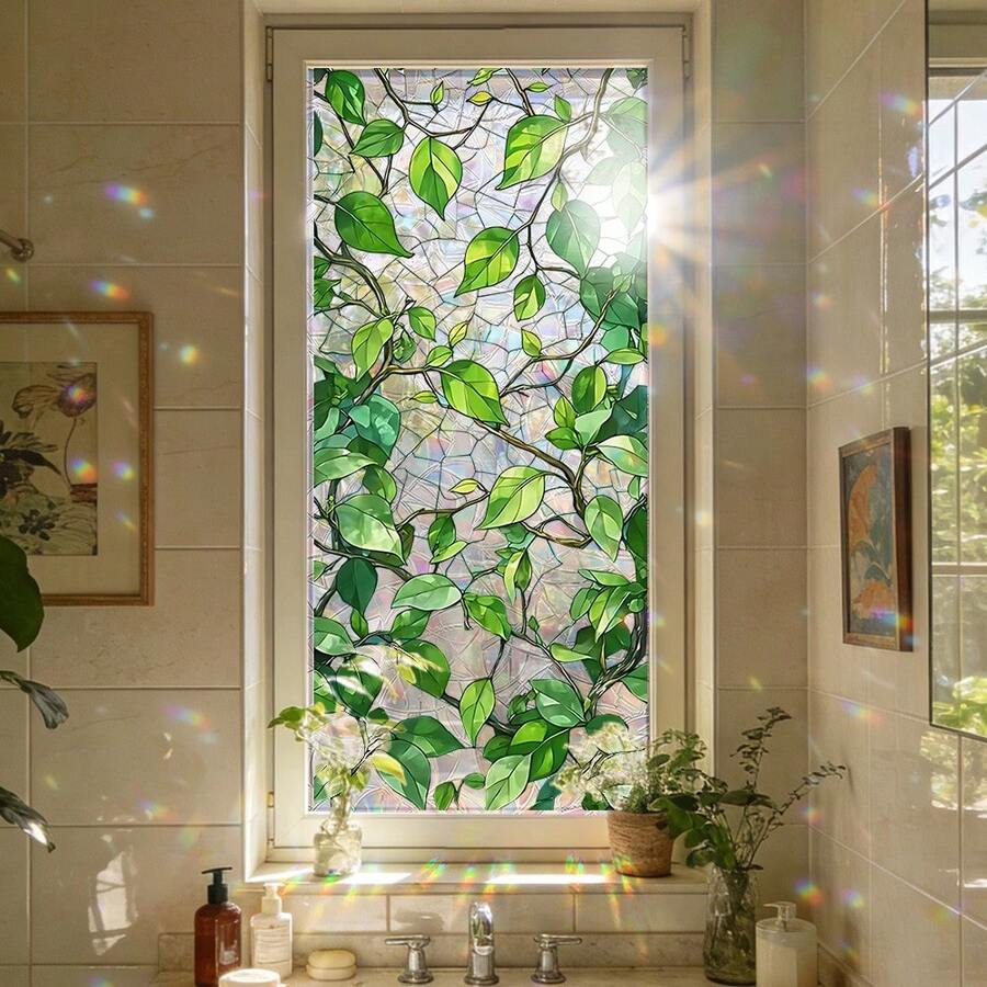 1/3pcs Colorful Glass Window Film, Blackout Anti-UV Green Monster Leaf Static Cling Decorative Window Sticker, Suitable For Bathroom Sliding Door, Home & Office Decor - 彩膜 - 查看 1