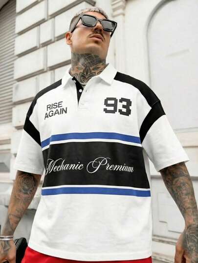男士双面“Rise Again”像素字母Polo衫，复古8位游戏图案，柔软面料，撞色机械风上衣，适合校园和街头穿着