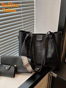 3 pièces Set de sac cabas de mode minimaliste de crocodile avec une décoration de sangle bicolore, grande capacité polyvalente, comprenant un sac à bandoulière et un porte-monnaie, pour les trajets, les courses, toutes les saisons, un style minimaliste pratique pour les femmes - Noir - Voir 12