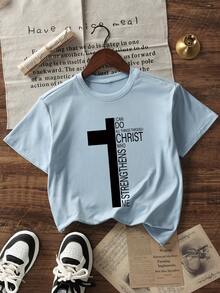 Tween Boys Casual Printed White Crew Neck Short Sleeve T-Shirt, Summer Top - Baby Blue - View 3