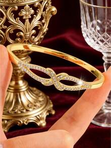 1 Piece - A Retro And Elegant Gold-Plated Copper Bracelet With An Interwoven Zirconia Design, Exuding A Niche And High-End Feel, Suitable For Various Occasions Such As Commuting And Dating. - Gold - View 4