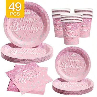 طقم أطباق ورقية يمكن التخلص منها مزينة بتاج كريستالي، مناديل، أكواب لحفلة عيد الميلاد، مجموعة إمدادات حفلة ل- 8 ضيوف، أطباق ورقية يمكن التخلص منها مناسبة لعيد الميلاد، الزفاف، الحفلات الموضوعية، نزهة العائلة