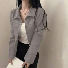 Women's Casual Solid Color Faux Suede Fleece Collar Zip-Up Short Jacket, Spring/Autumn Winter - Grey - View 4