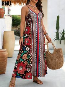 Sukienka RNU Plus Size z kwiatowym nadrukiem i ramiączkami typu spaghetti, dekoltem w serek i linią A, na ramiączkach z muszką, na wakacje, sukienka letnia, strój wiosenny, walentynki, wakacje na plaży, sukienka letnia, randka, strój na co dzień, pochlebna, modna i uniwersalna, impreza, romantyczna randka, nowość wiosna/lato, długa sukienka maxi dla kobiet - Wielokolorowe - Zobacz 7