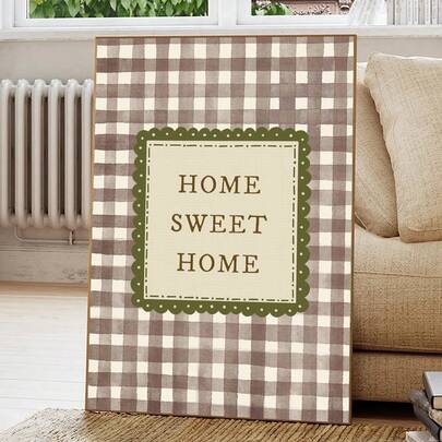 1幅带框/不带框“温馨家园”乡村风帆布海报，舒适棕色格子图案，文字装饰语录墙面艺术印刷品，简约农舍小屋装饰画，适用于公寓、客厅、卧室、现代家居装饰
