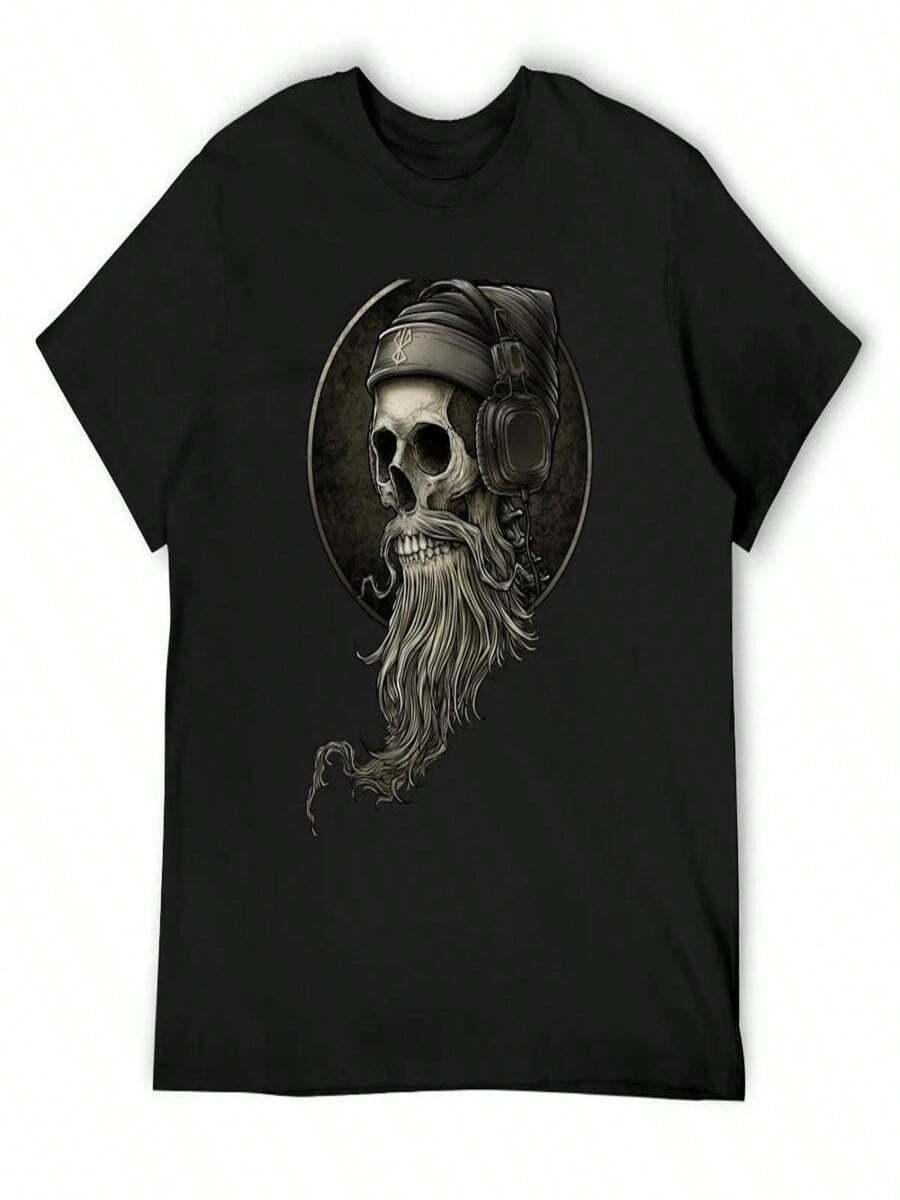 Viking Vintage Skull Beard With Headphone T-Shirt - Black (Black 12) - View 1