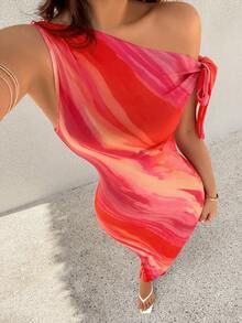 Đầm ôm sát eo lệch vai, bất đối xứng, màu đỏ và hồng nhuộm tie-dye dành cho nữ, gợi cảm và quyến rũ, phù hợp cho các bữa tiệc, kỳ nghỉ biển, ngày Valentine và các dịp khác, chất liệu co giãn, ôm sát giúp thon gọn vóc dáng, đầm dài thêm lý tưởng cho mùa xuân và mùa hè. - Hồng - Xem 3