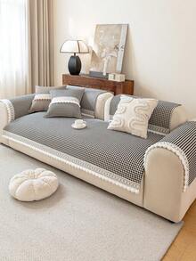 1 Stück romantische Quasten Sofa Abdeckung, warm, weich und hautfreundlich, rutschfeste Rückseite, maschinenwaschbar, farbecht, Feiertags-Dekoration, geeignet für 1/2/3/4-Sitzer Sofa Armlehne & Rückenlehne Abdeckung, ganzjährig verwendbar - Schwarz - Übersicht 5