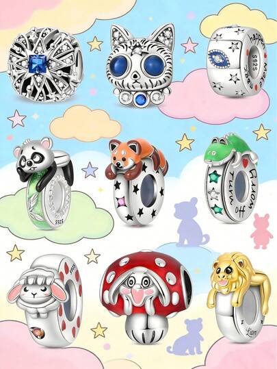 1件套，包含蓝色猫咪、烟花、可爱浣熊、红色蘑菇兔、金色狮子王、可爱大熊猫、绵羊、关掉烦恼小鳄鱼、创造魔法恶魔之眼浩瀚星空串珠吊坠，适合DIY创意手链，可作为情人节、新年或生日礼物送给爱人、伴侣、朋友或闺蜜。