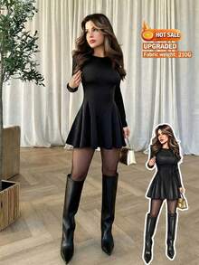 Vuslat 女士黑色长袖修身系带伞裙连衣裙，修身系带长袖连衣裙，修身喇叭下摆黑色连衣裙，性感，简约，休闲，百搭，荷叶边迷你连衣裙，适合度假、约会、婚礼、派对、情人节、夏季穿着、外出 - 黑色 - 查看 5