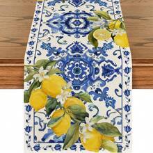 1pc Blue Floral + Lemon Pattern Table Runner, Farmhouse Style Polyester Square Printed Tablecloth, Suitable For Living Room, Coffee Table, Kitchen, Dining Table, Entryway, Summer Decor - Multicolor - View 6