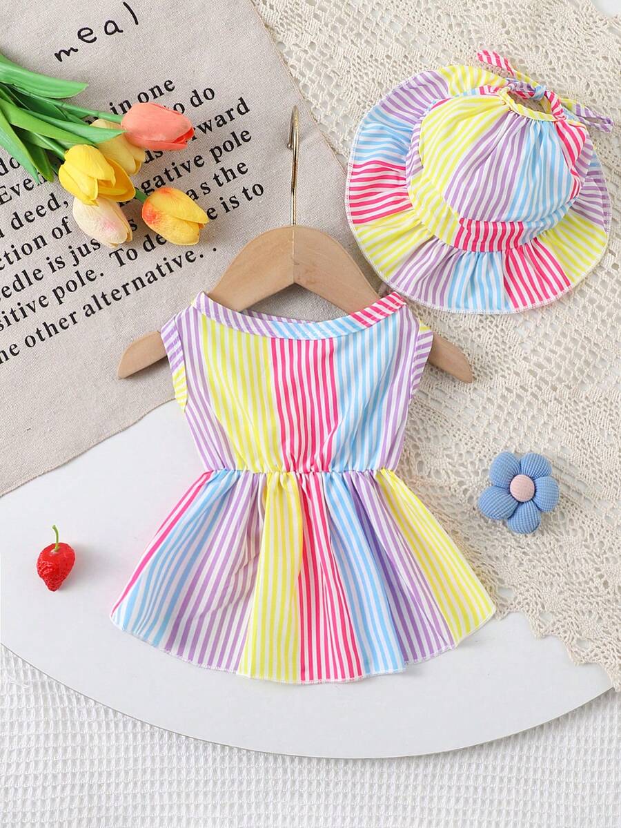 猫狗彩虹条纹无袖宠物连衣裙（紫色）+配套宠物帽套装 - 彩色 - 查看 1