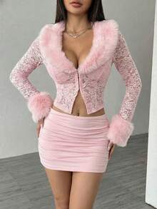 Valentine's Day, Date Night Outfit, Gifts For Her Women's Sweet Pink Lace Two-Piece Skirt Set With Faux Fur Trimmed Long Sleeve Crop Top And Ruched Mini Skirt For Party - Hồng - Xem 3