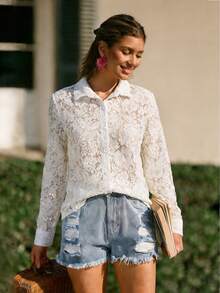 优雅女士白色蕾丝镂空领长袖衬衫，适合日常休闲穿着、海滩度假及作为沙滩罩衫，夏季度假装扮，春季服装，女士沙滩装，优雅女士衬衫，女士度假装扮，女士休闲衬衫，白色衬衫 - 白色 - 查看 5
