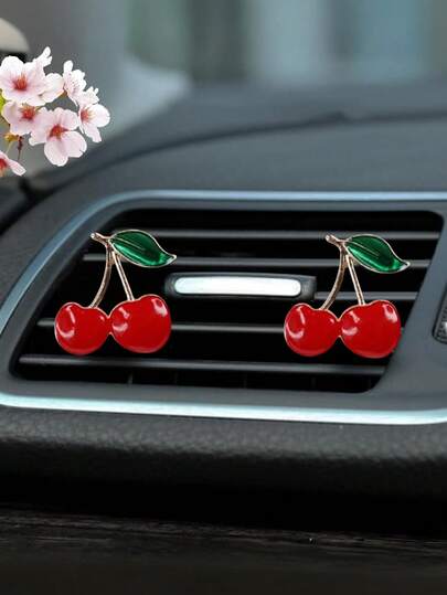 2pcs Cherry Wood Car Air Vent Clip, Suitable For Women, Glossy Dashboard Decor And Commuting Essential, Elegant Wooden Air Freshener Holder With Metal Accents, Cute And Practical Car Interior Upgrade Accessory