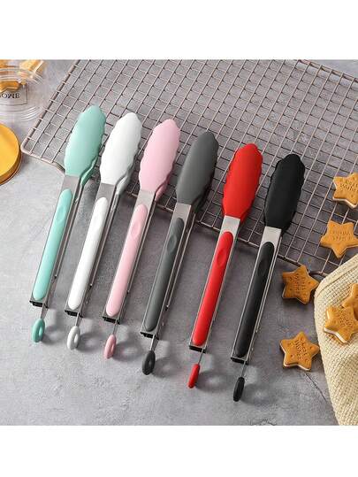 1pc Silicone & Stainless Steel Food Tongs, Heat Resistant, Easy Grip, Minimalist Design High Aesthetic Value, Suitable For Barbecue, Steak, Bread Baking And Food Grilling, Applicable For Home Kitchen, Restaurant And Grilling