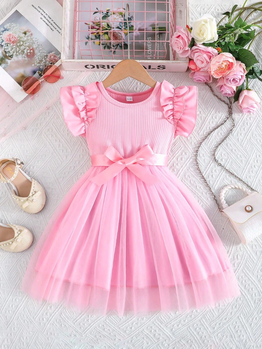 Đầm công chúa tay ngắn dáng suông, chất liệu lưới, voan, có nơ, dành cho bé gái 2-7 tuổi. - Hồng - Xem 1