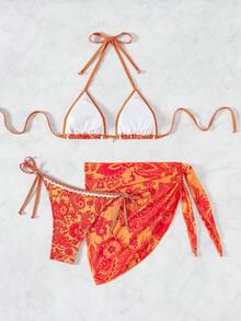 3-Piece Bikini Swimsuit Set, Sexy Women's Neck Strap Swimsuit With Floral Print For Summer Beach Wear, Random Print - Orange - View 2