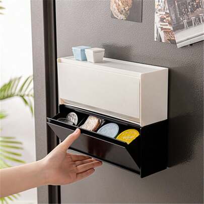 仕切り付きの壁掛け式フリップトップ収納ボックス。バスルームや玄関の雑貨、キッチンの箸などを収納できる多機能収納。