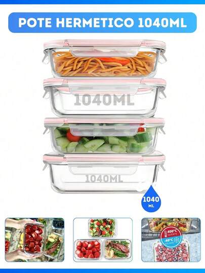 Kit Com Potes De Vidro Com Tampa Hermética 1040ML