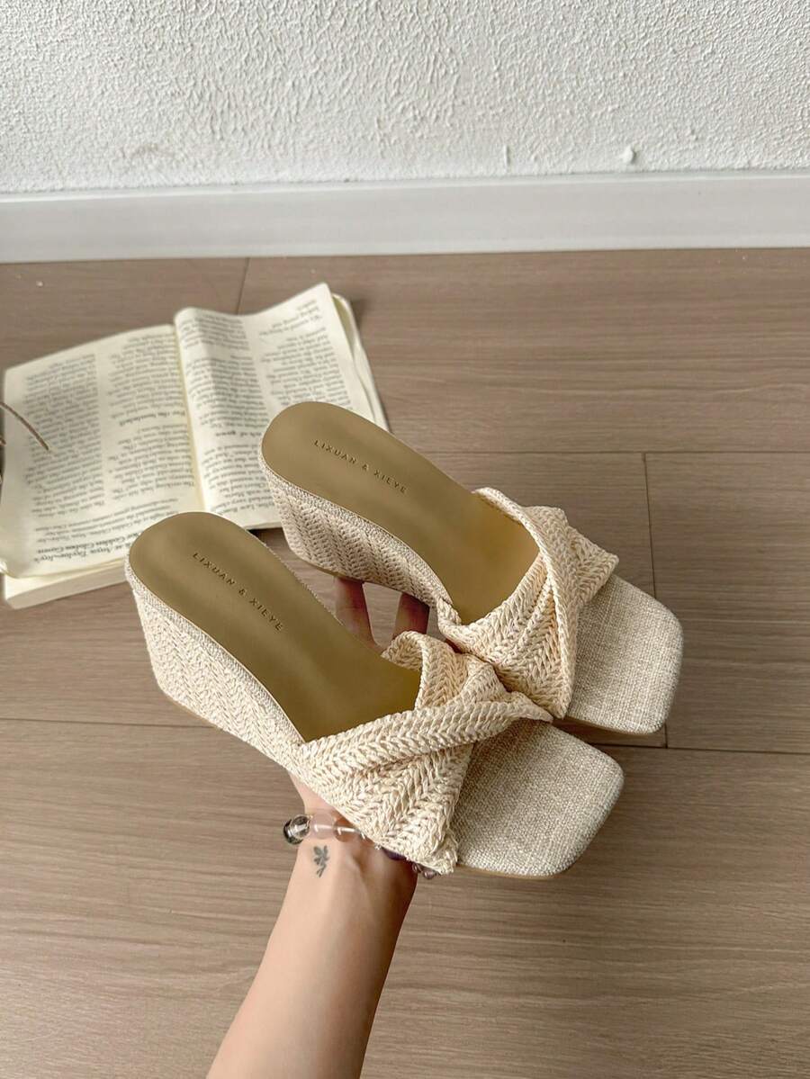 Damen Mode Quadratische Zehenkappe Elegante Slip-On Keilsandalen, Beige oder Braun Farboptionen, vielseitig & bequem - Beige - Übersicht 1
