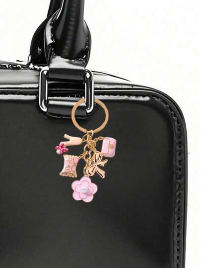Golden Bow, Pink High Heels, Camellia - A Cute Round Metal Love Themed Keychain Adorned With Delicate Flowers And Heart-Shaped Patterns. As A Single Piece, It Is The Perfect Wedding Or Holiday Gift Or An Ideal Choice For Women'S Handbags, Keychains, And Unique Phone Accessories.