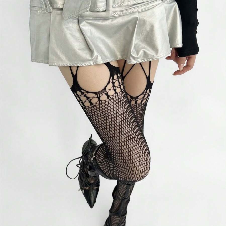 White Lace Fishnet Stockings For Women, Camisole Pantyhose, Hollow Sexy Fishnet Stockings, Torn White Stockings, Pure Desire Sexy - 黑色 - 查看 1