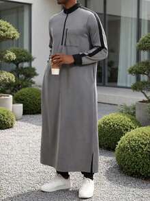 Modern Islamic Men's Clothing, Hooded Kamis Robe, Muslim Men's Grey Kamis Robe, Fashionable Stand Collar Long Hooded Sweatshirt - 灰色 - 查看 9