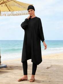 女士休闲全包臀布基尼泳衣，圆领设计，带拉链和高腰下装，弹力面料 - 黑色 - 查看 5