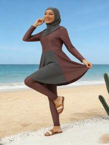 VFJ 女士高弹力保守泳衣圆领拉链布基尼高腰泳裤休闲穿着全包覆 - 中紫紅色 - 查看 5