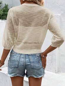 女士V领纽扣针织开衫，半透明，常规短款，休闲外套 - 香檳色 - 查看 5