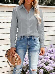 Women's Gray Long Sleeve Non-Sheer Design Breathable Comfort Button Down Blouse Work Blouse For Women Office Outfits Business Casual Woman Teacher Outfits Solid Color Shirt Work Outfits - 灰色 - 查看 9